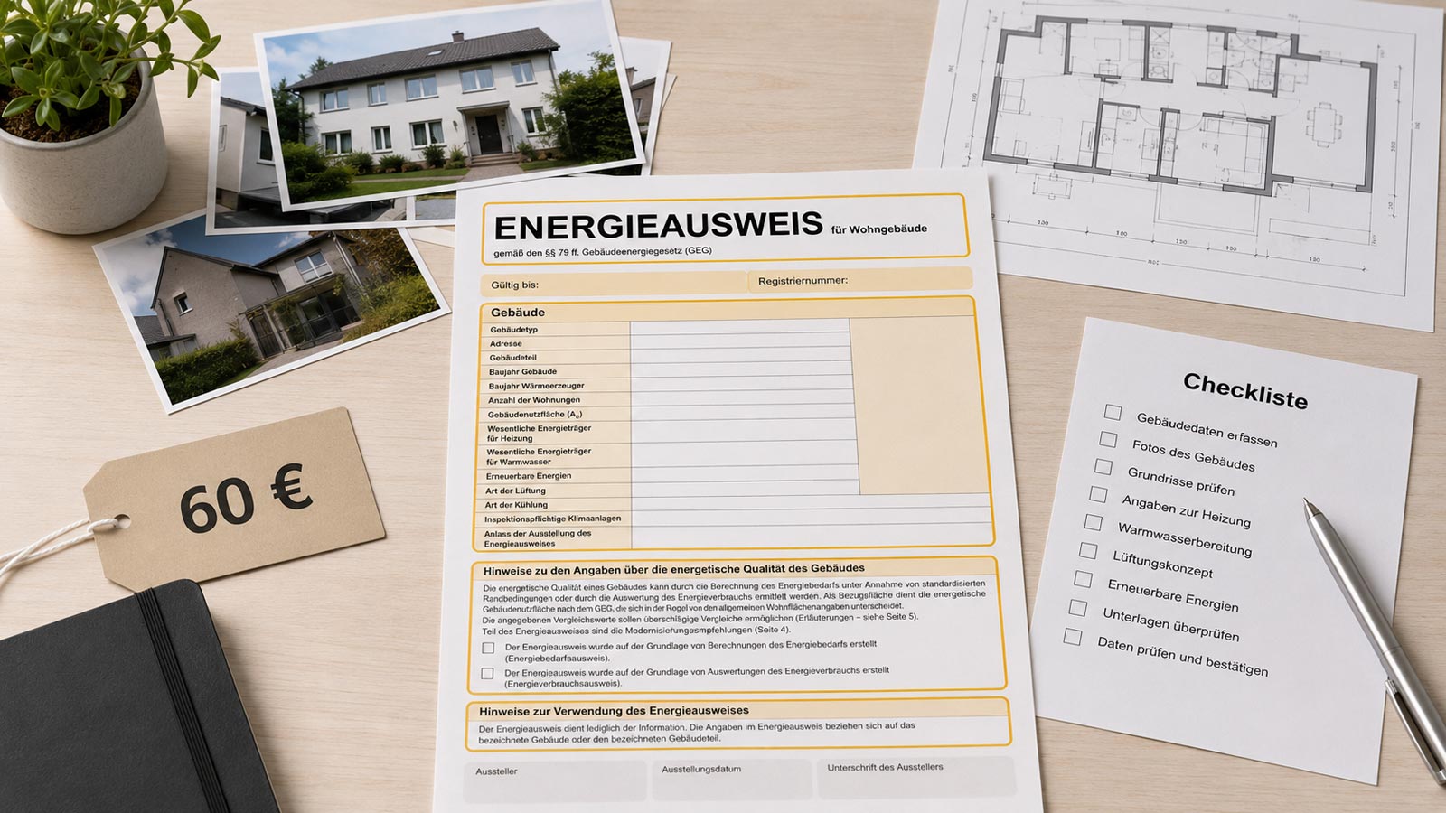 Energieausweis, Gebäudefotos und Checkliste neben einem Preisschild mit 60 Euro