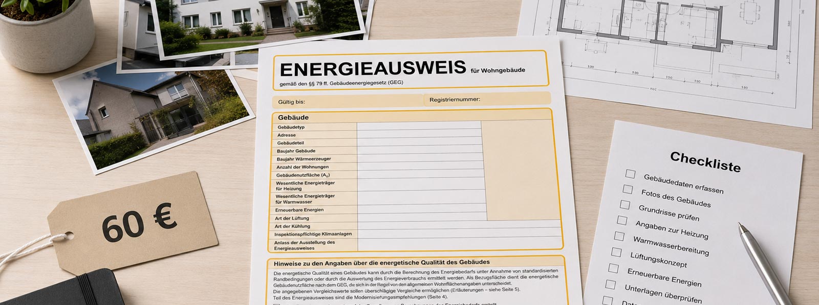 Energieausweis, Gebäudefotos, Grundriss und Checkliste neben einem 60-Euro-Preisschild